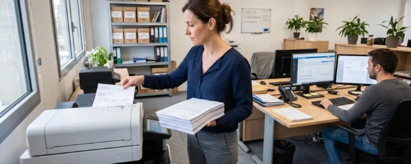 Une employée numérise des factures papier sur une imprimante multifonction dans un bureau de petite entreprise française.
