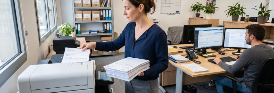 Une employée numérise des factures papier sur une imprimante multifonction dans un bureau de petite entreprise française.