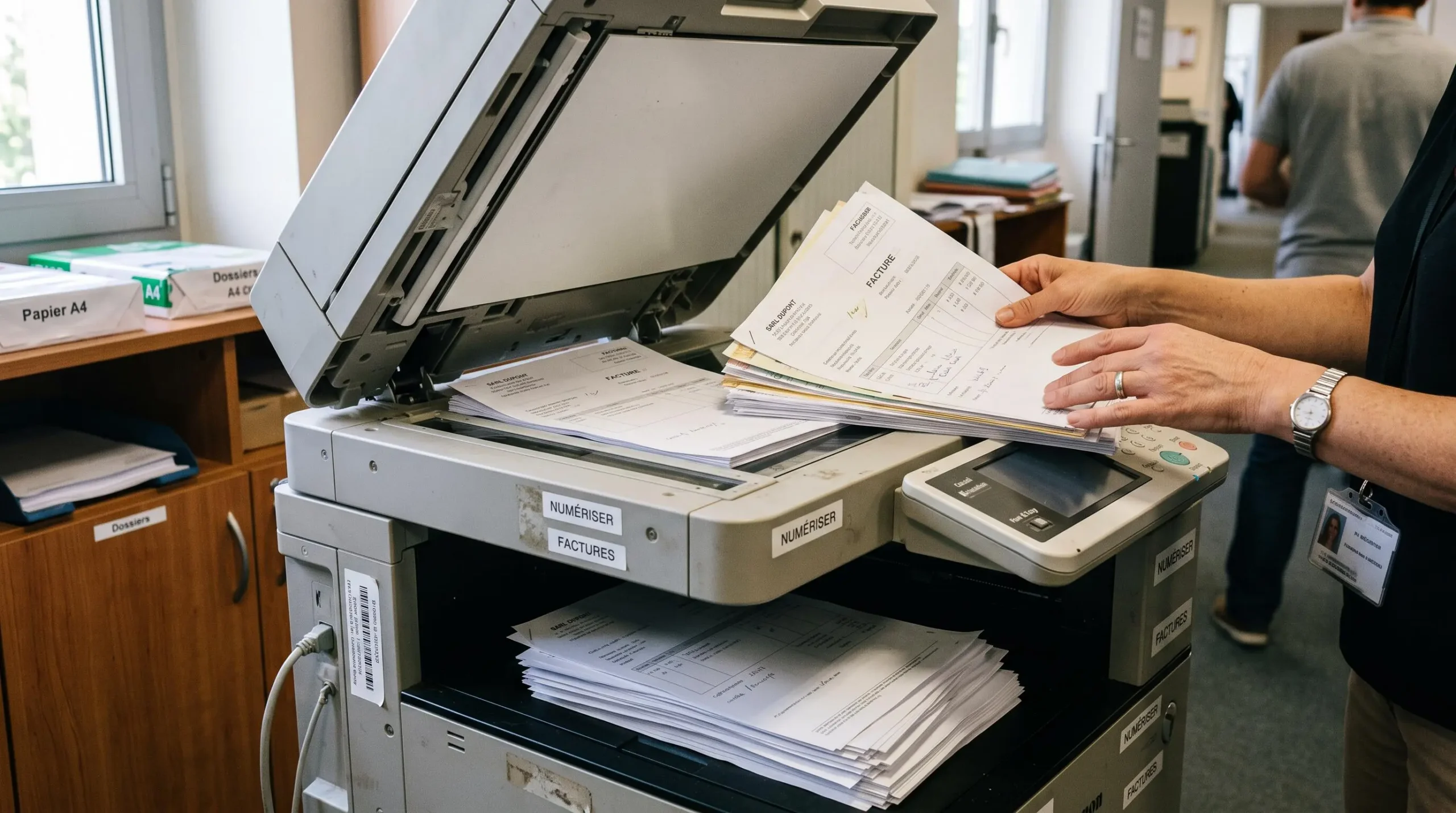 Gros plan sur des mains chargeant des factures papier dans le chargeur de documents d'une imprimante multifonction en cours de numérisation.