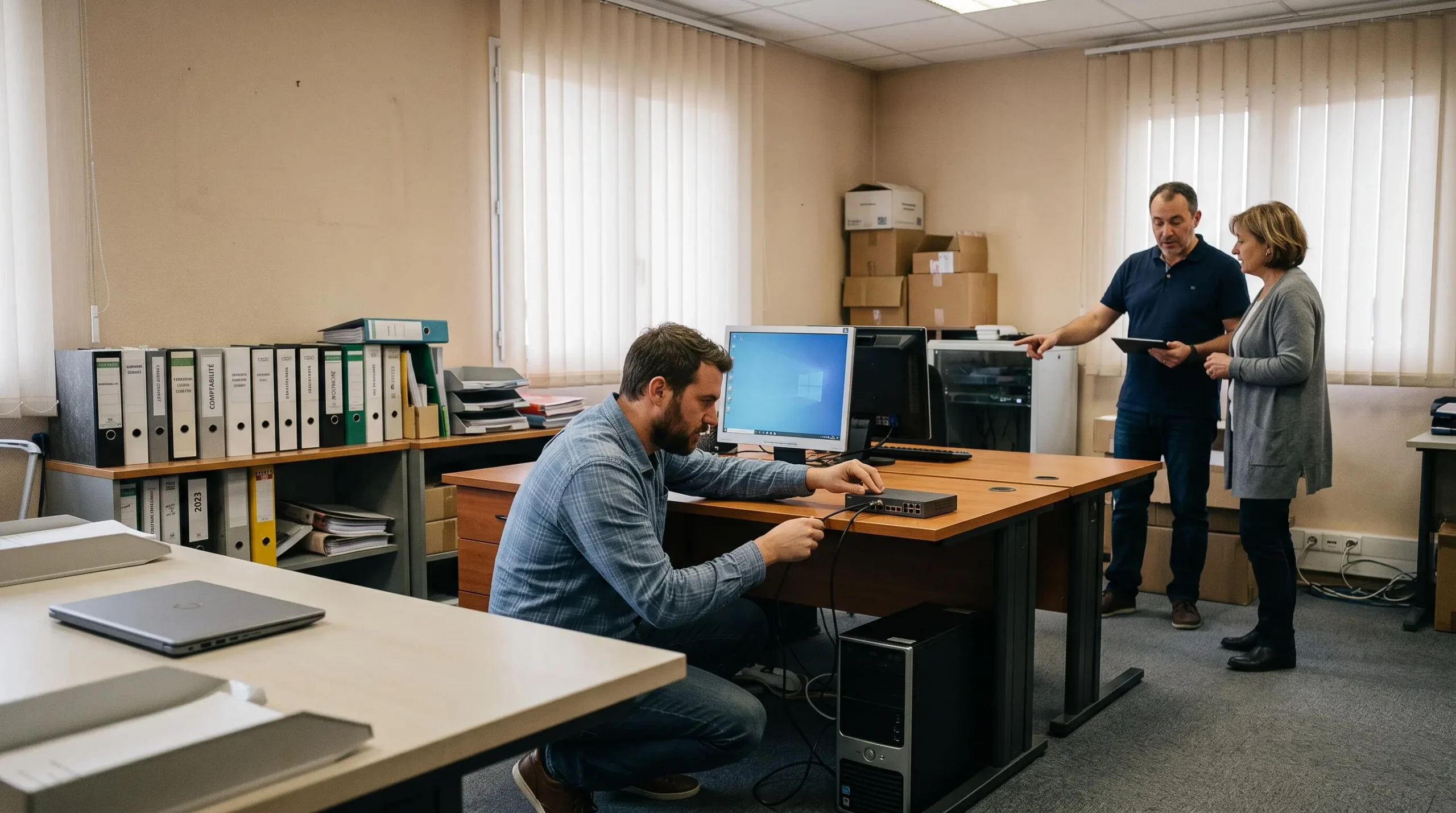 Trois situations de travail dans un bureau de PME : un poste vide, un salarié raccordant son équipement informatique et un intégrateur en visite de déploiement.